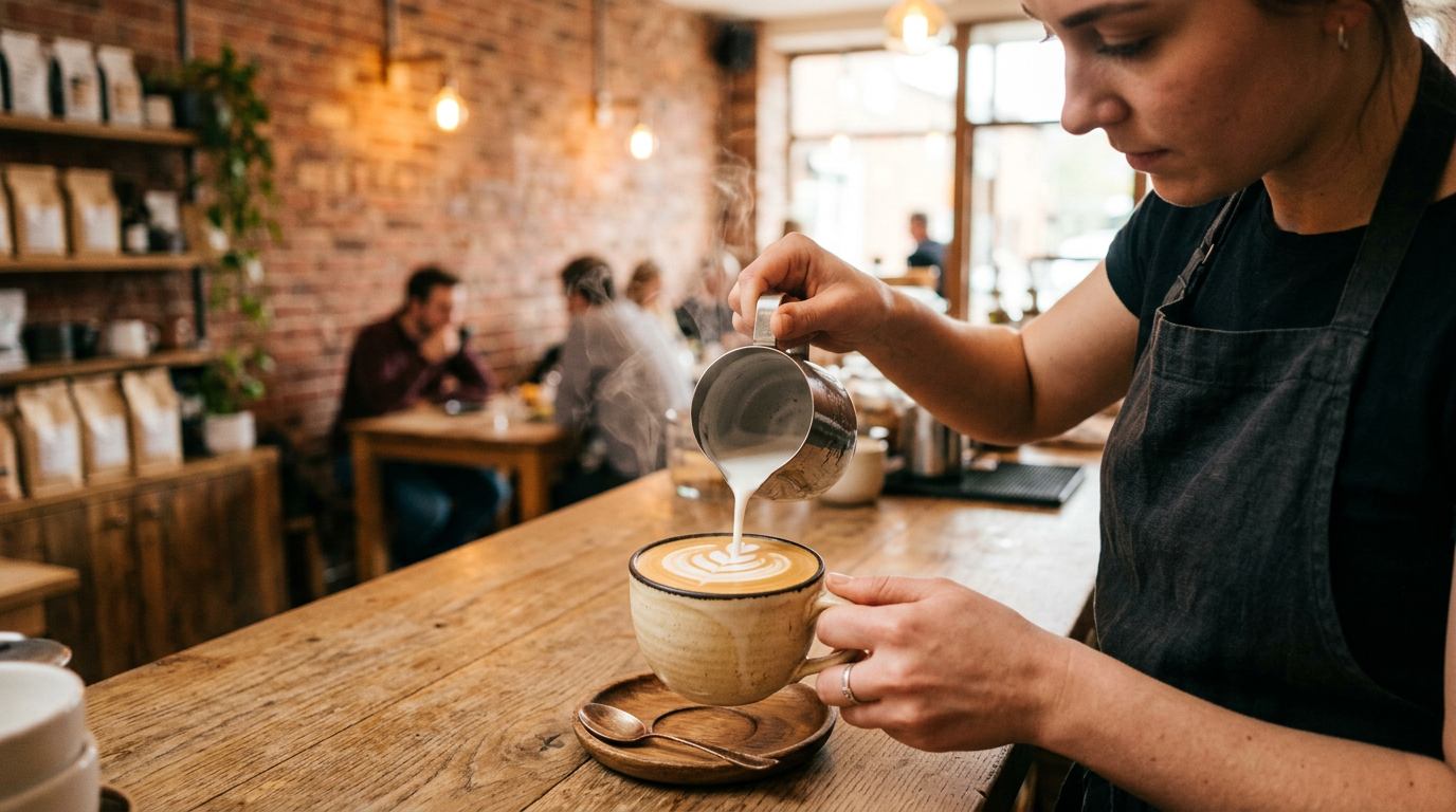 Barista pouring latte art into a ceramic cup at a sunlit coffee bar