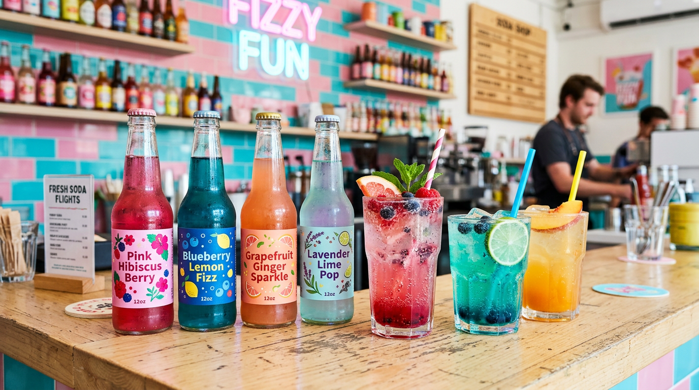 Colorful craft sodas with real fruit and house-made syrups