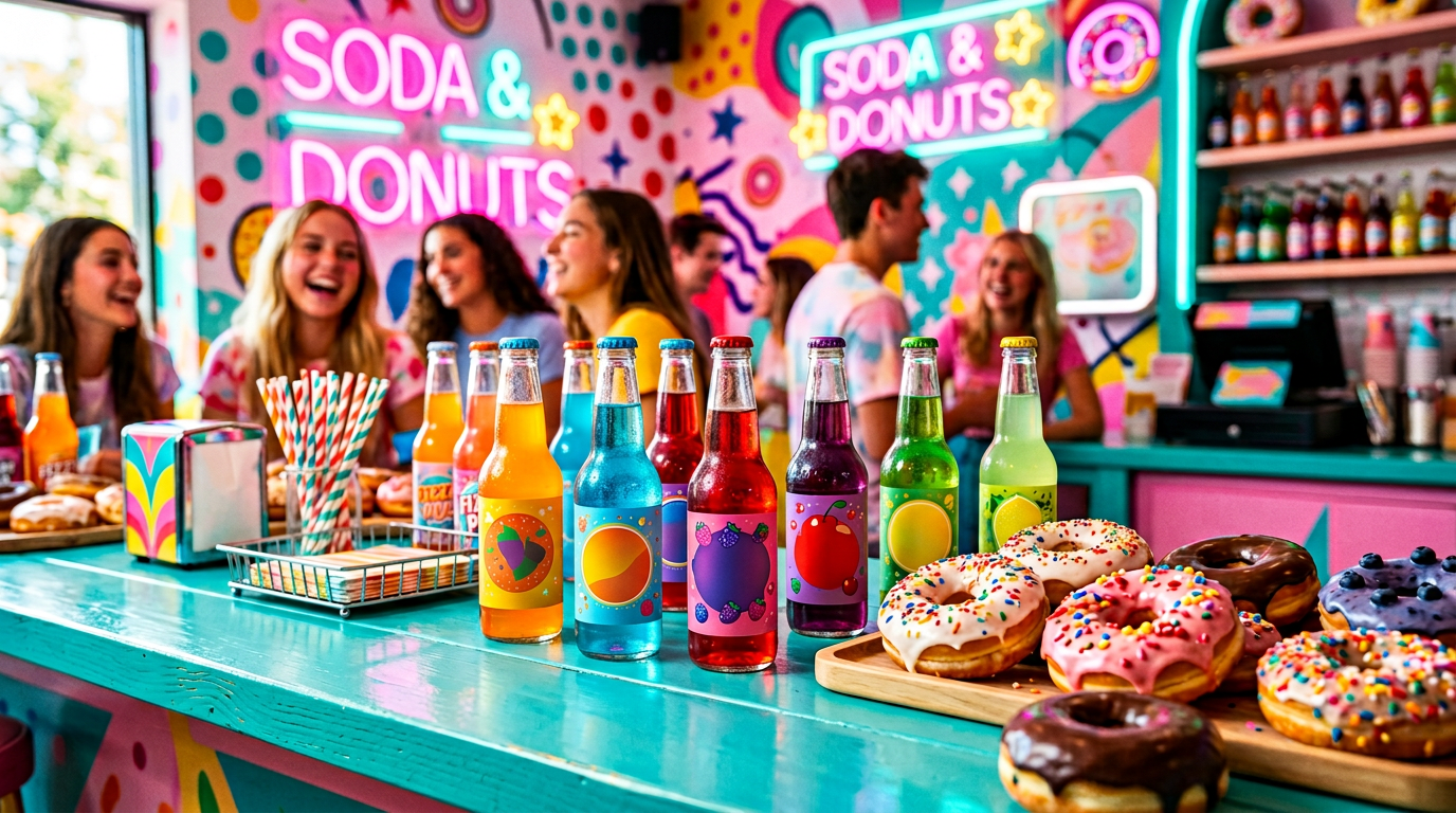 Colorful craft sodas lined up on a counter with donuts