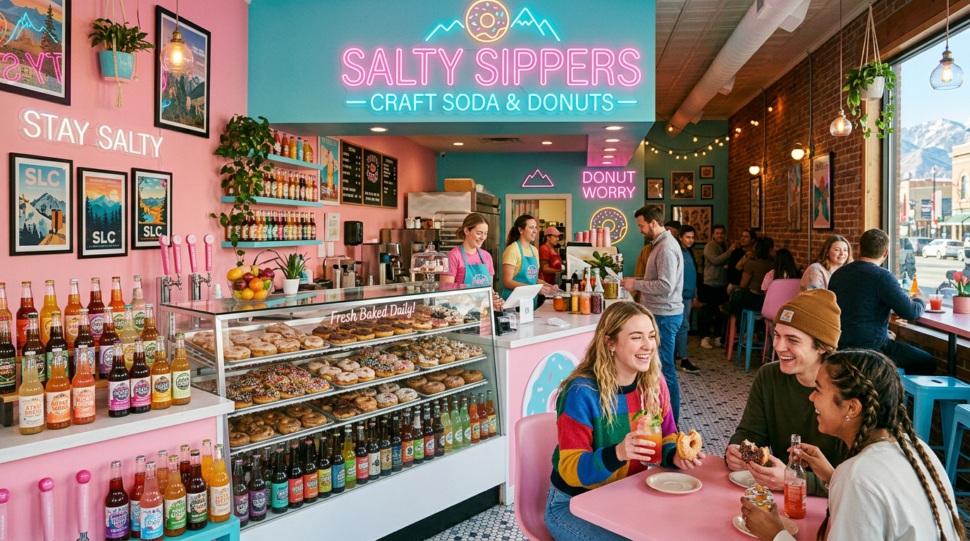 Colorful Vibe Fizz shop with craft sodas and donuts