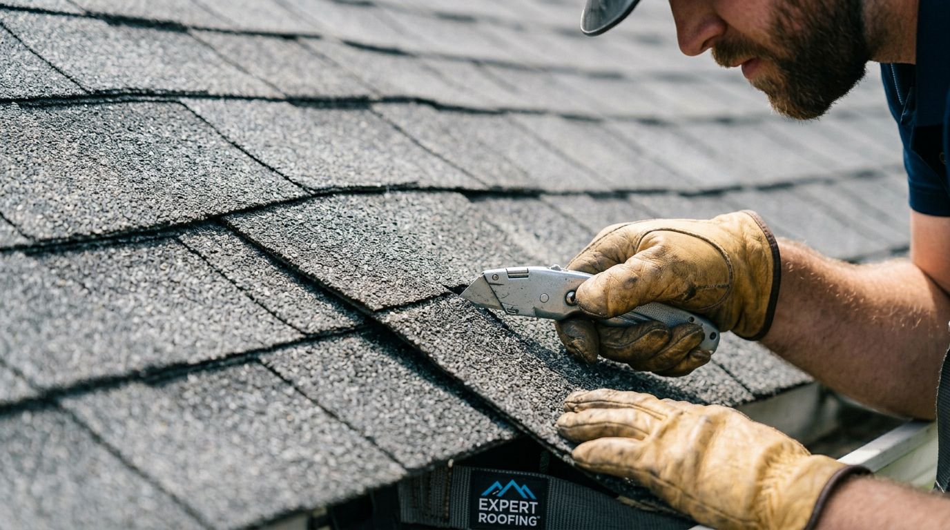 Roofing contractor inspecting quality shingles