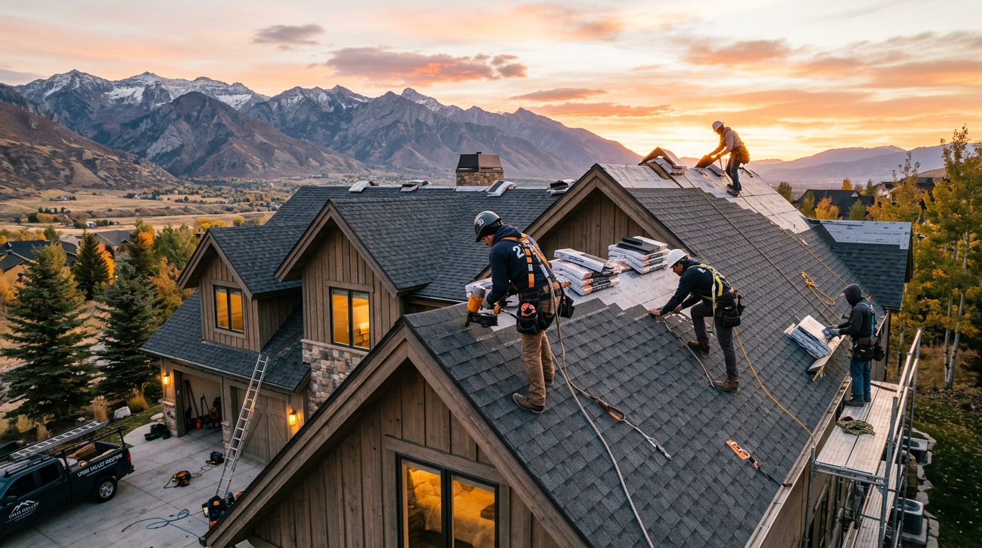 Professional roofing crew installing premium shingles at sunset