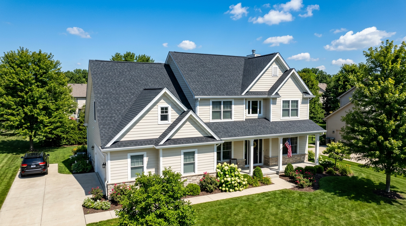 Completed roof installation with premium asphalt shingles