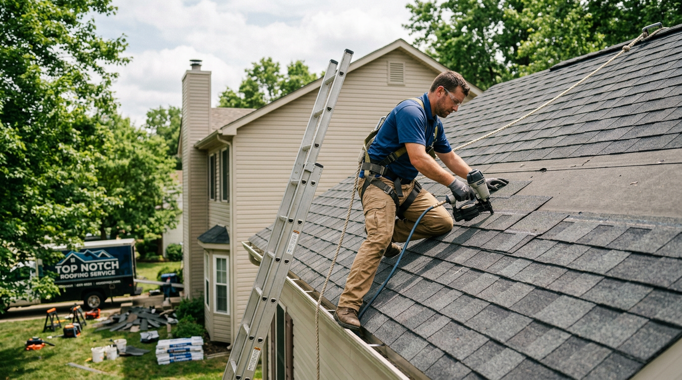 Professional roof repair in progress
