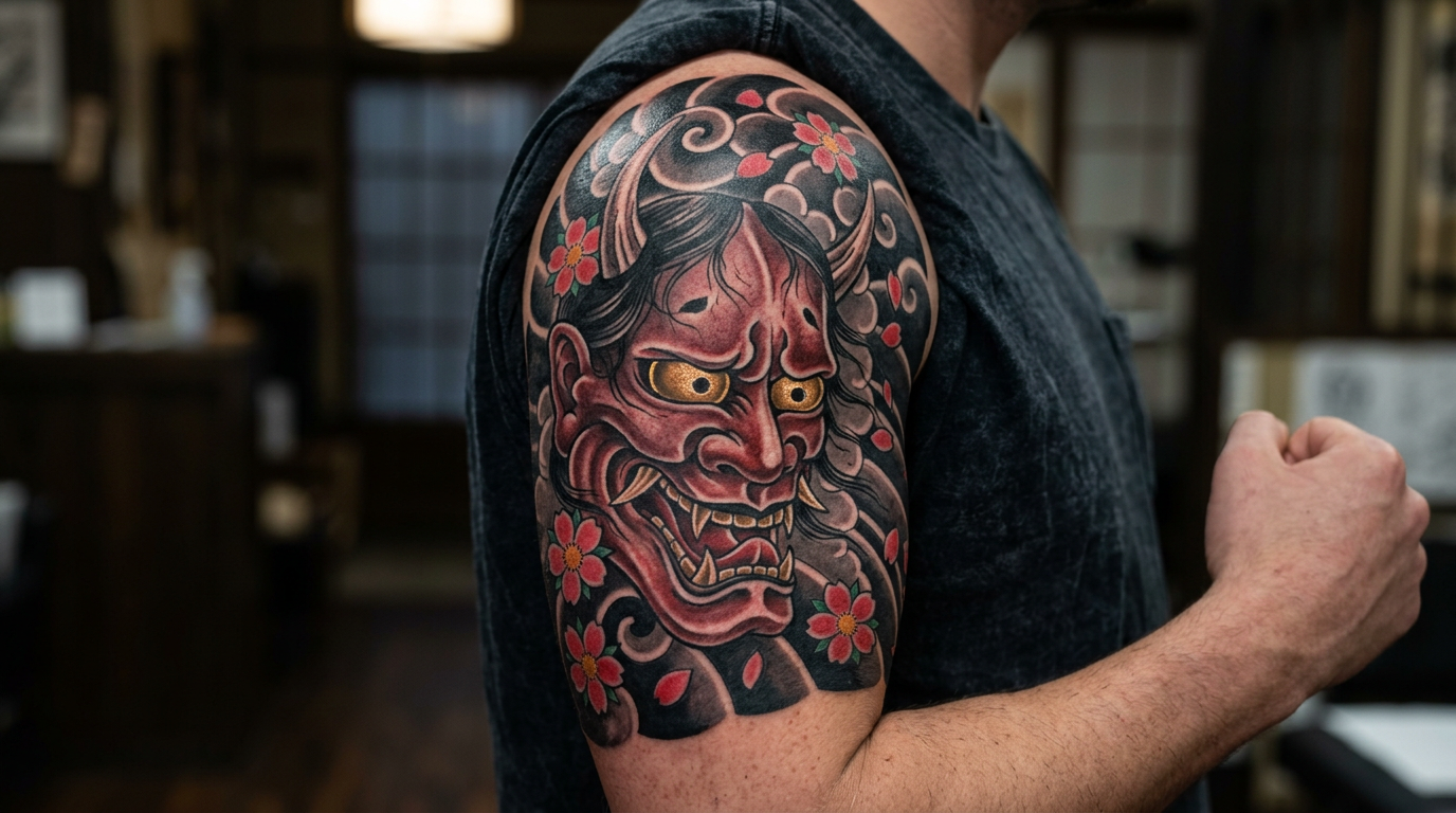 Japanese masks and demons tattoo