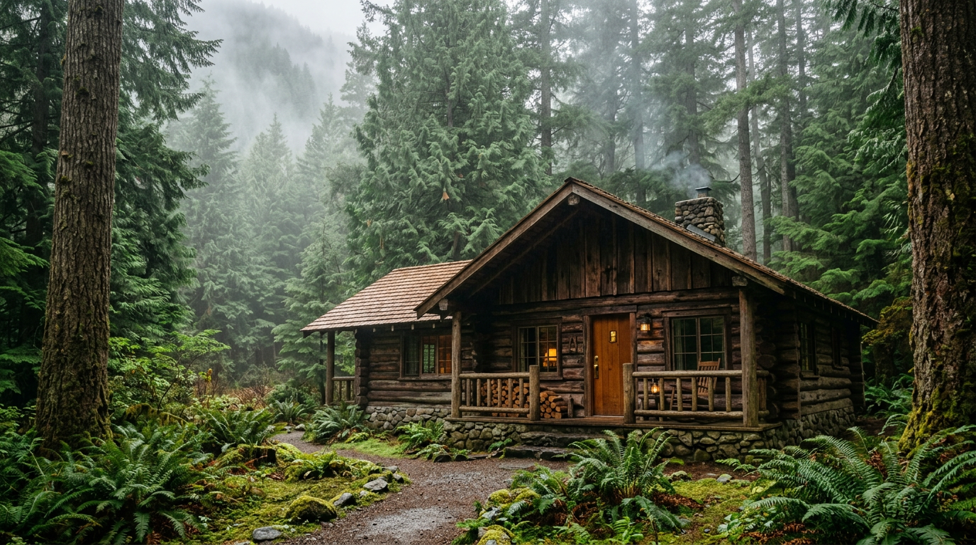Wooden cabin in Cascade forest