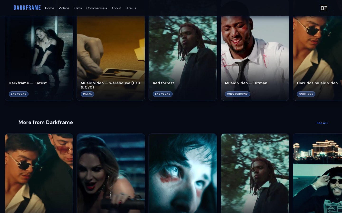 Darkframe Production homepage scrolled desktop