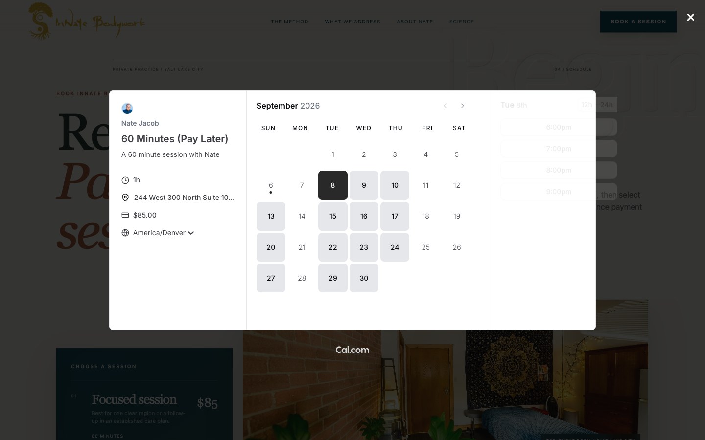 InNate Bodywork embedded Cal.com booking calendar, opened after choosing pay later, inside the site