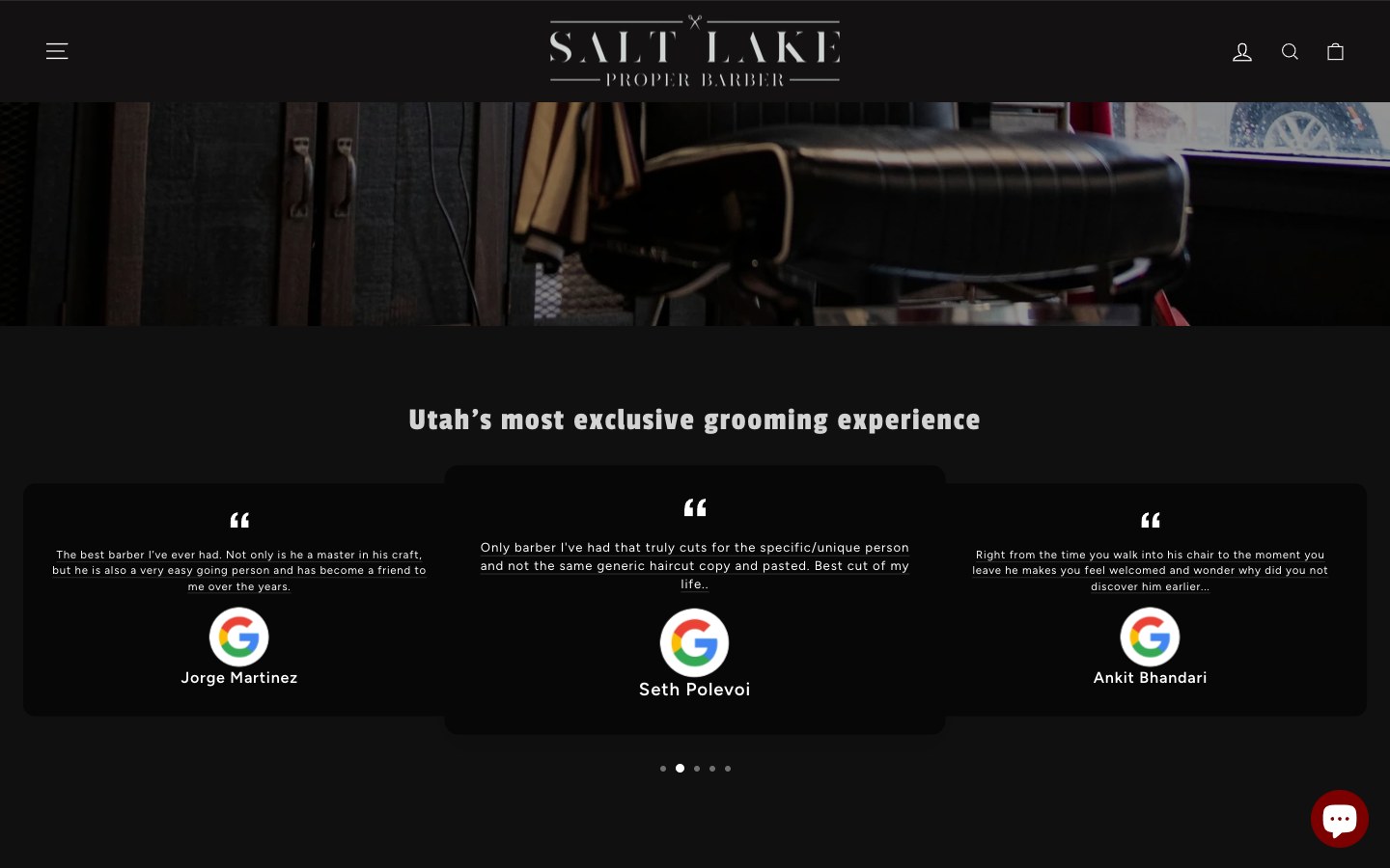 Salt Lake Proper Barber homepage scrolled desktop