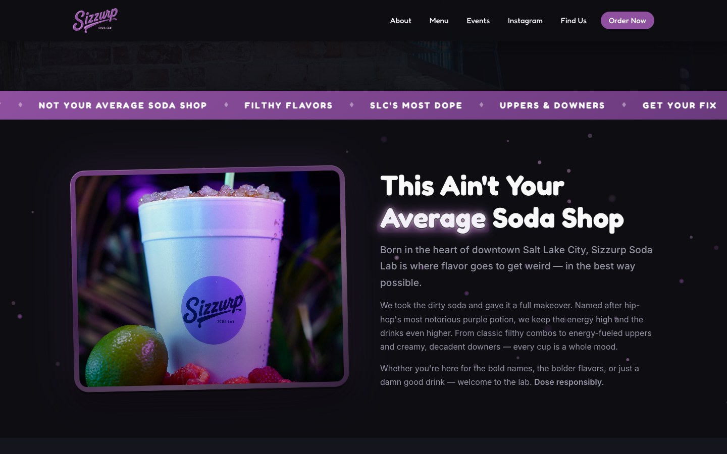 Sizzurp Soda Lab homepage scrolled desktop