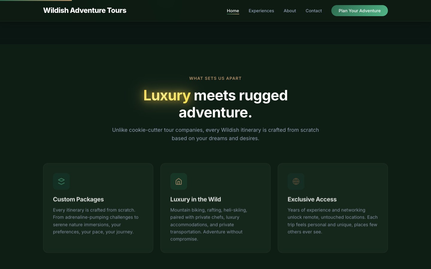 Wildish Adventure Tours homepage scrolled desktop