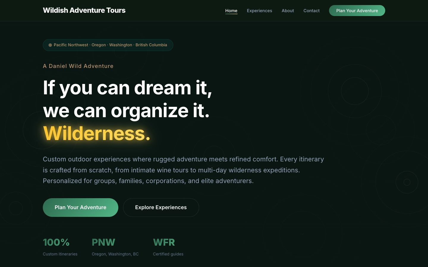 Wildish Adventure Tours homepage desktop with mobile preview