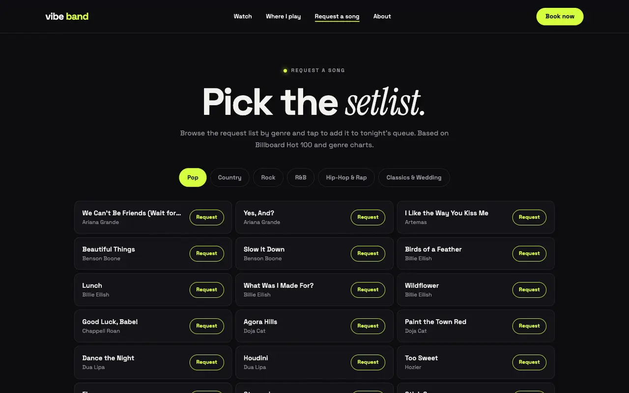 Vibe Band demo song list section on a desktop browser