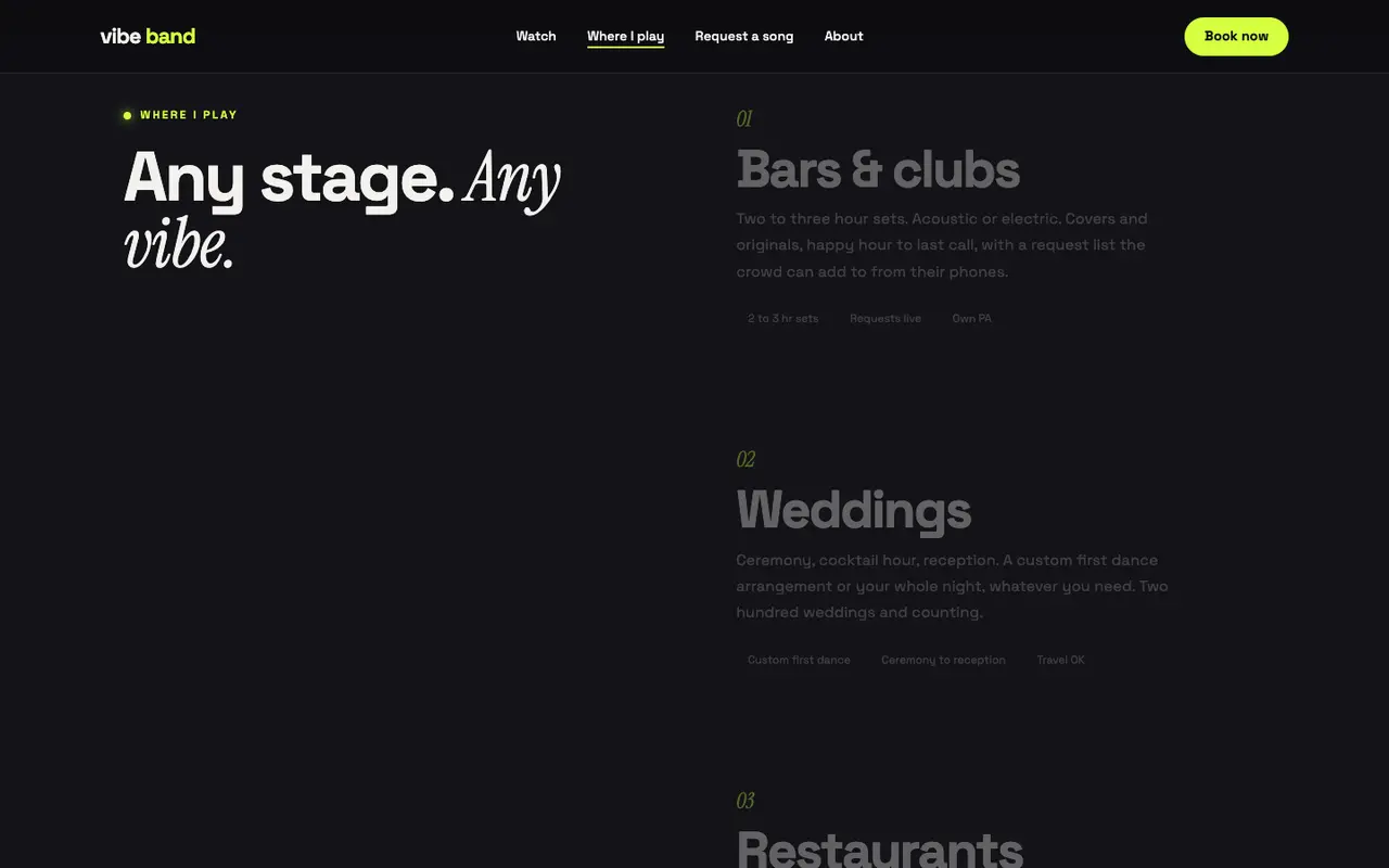Vibe Band demo tour dates section on a desktop browser