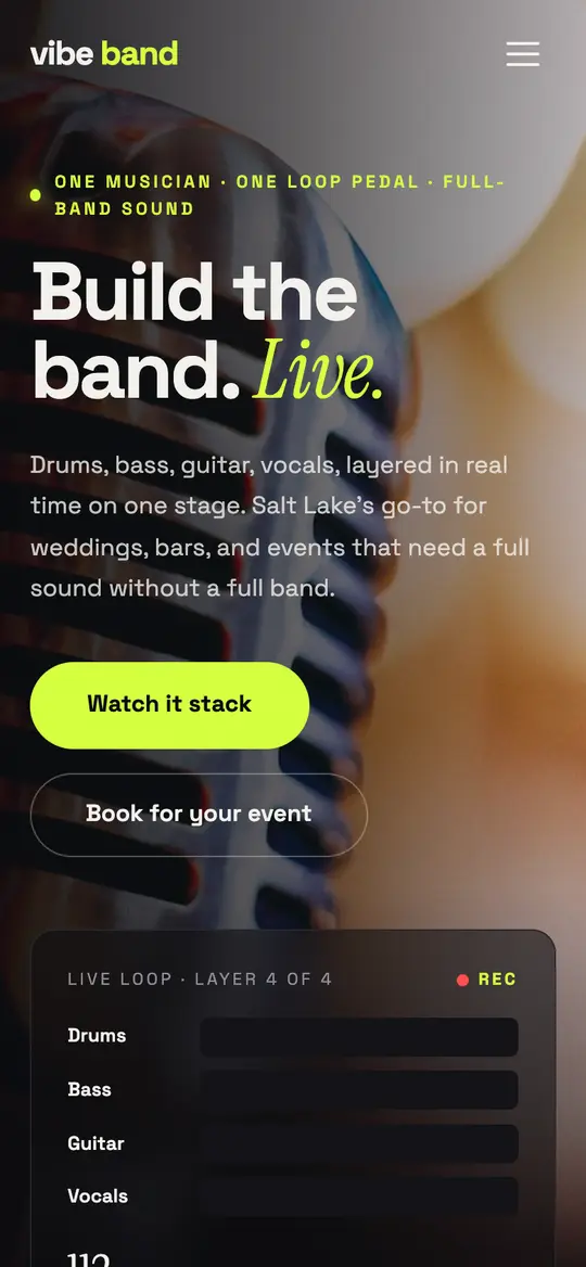 Vibe Band demo homepage on a phone