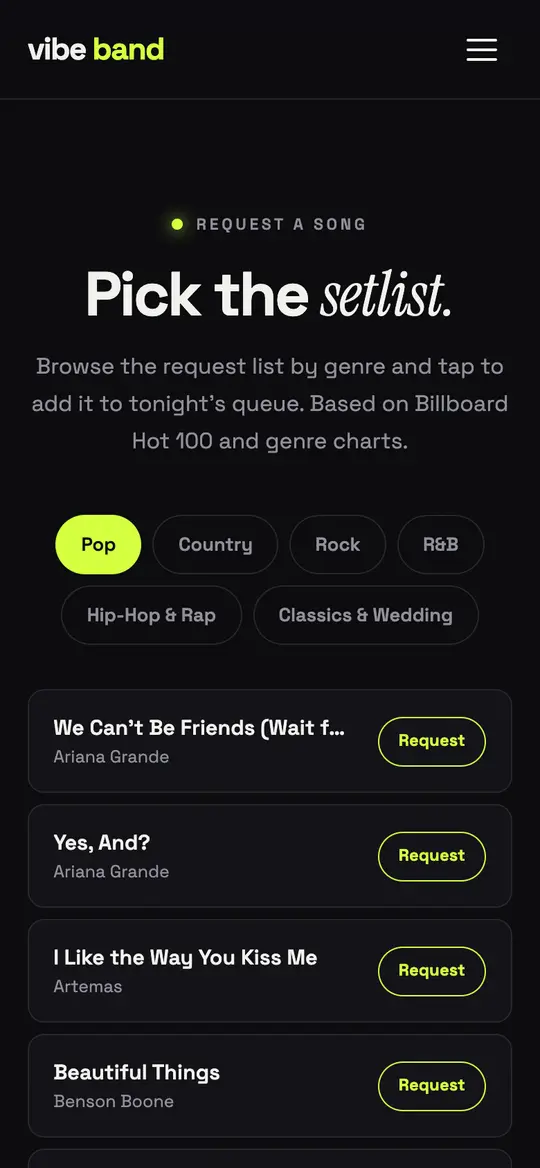 Vibe Band demo song list section on a phone