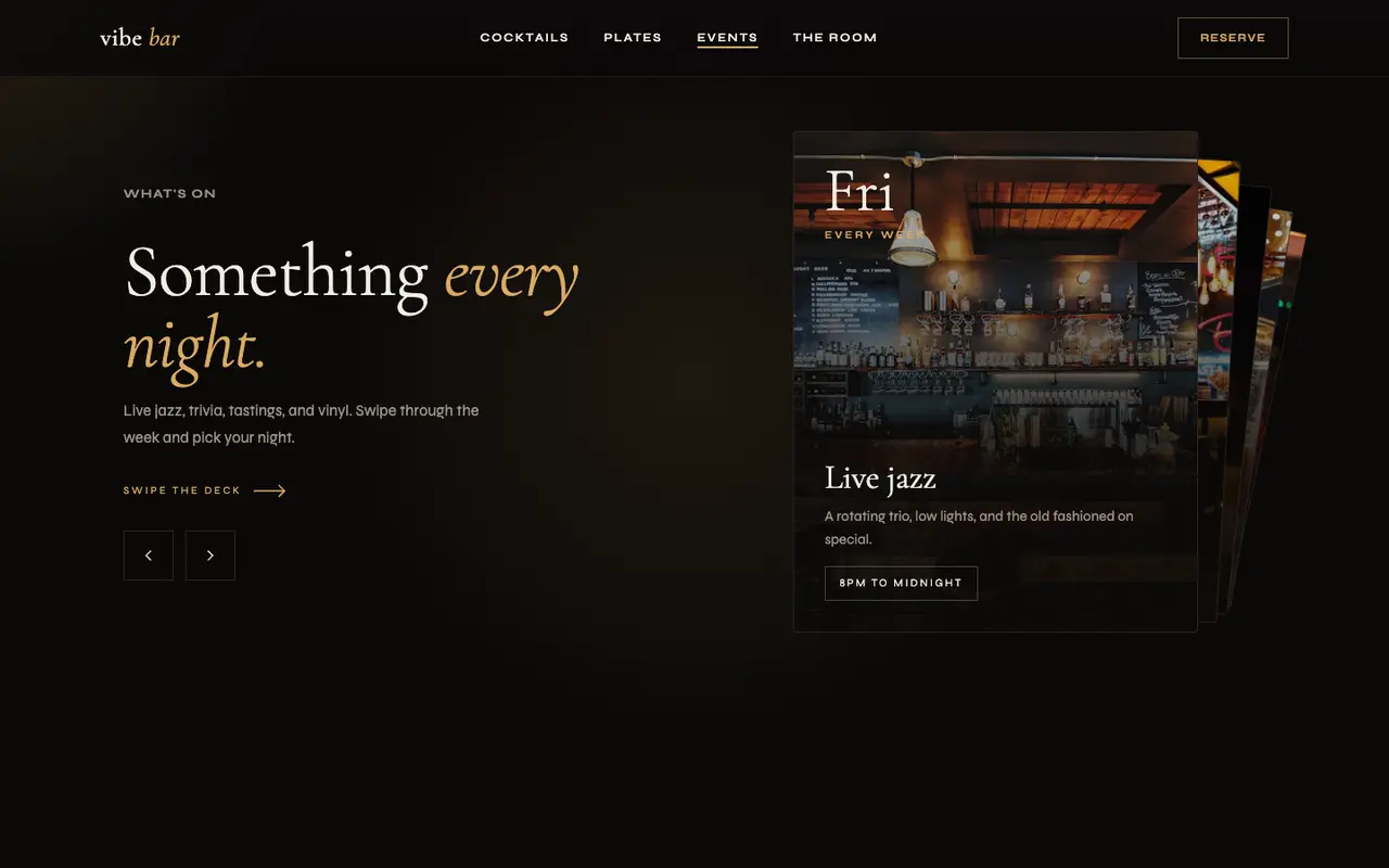Vibe Bar demo events section on a desktop browser