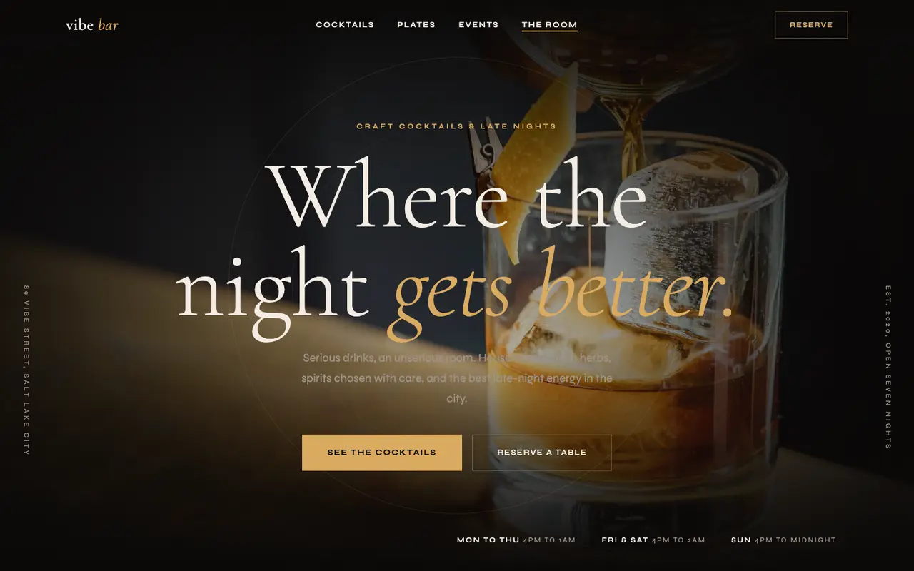 Vibe Bar demo homepage on a desktop browser