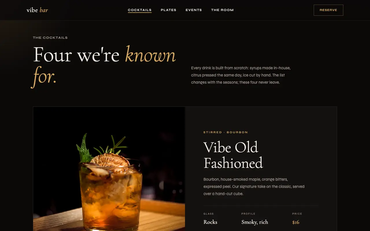 Vibe Bar demo cocktail menu section on a desktop browser