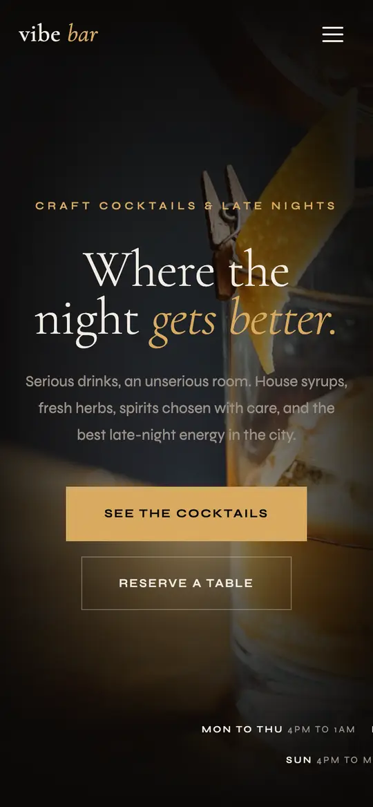 Vibe Bar demo homepage on a phone