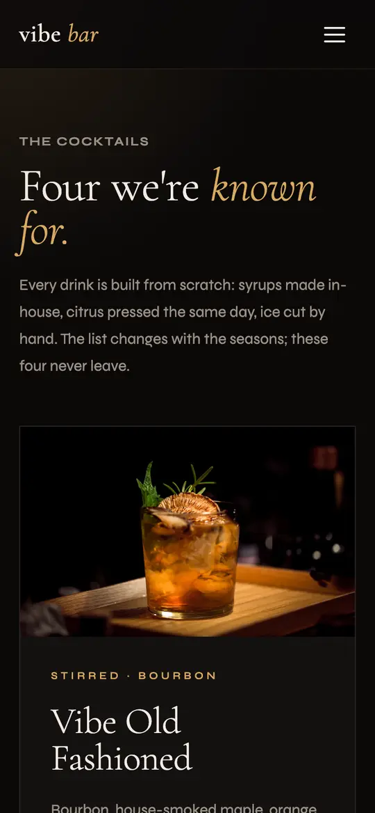 Vibe Bar demo cocktail menu section on a phone