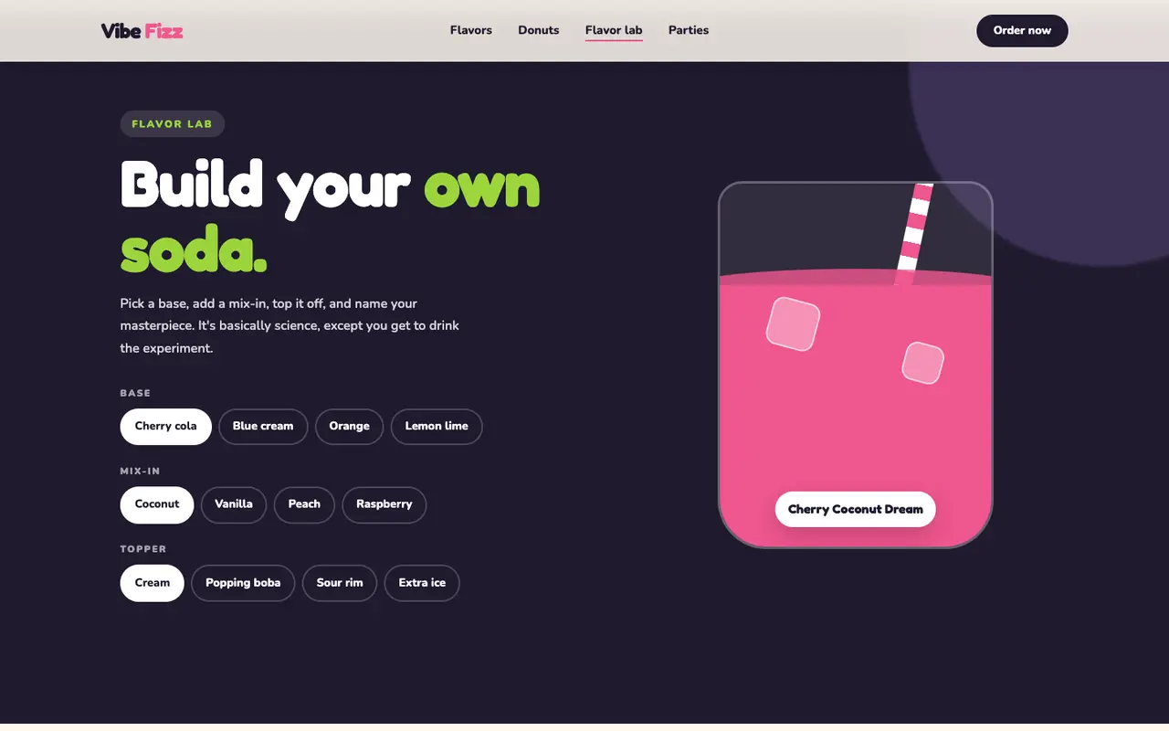 Vibe Fizz demo flavor lab section on a desktop browser