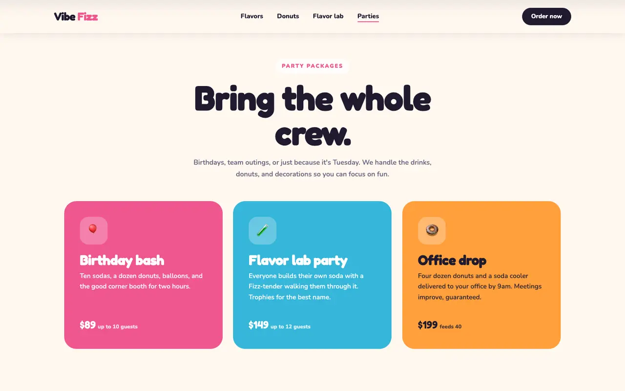 Vibe Fizz demo parties section on a desktop browser