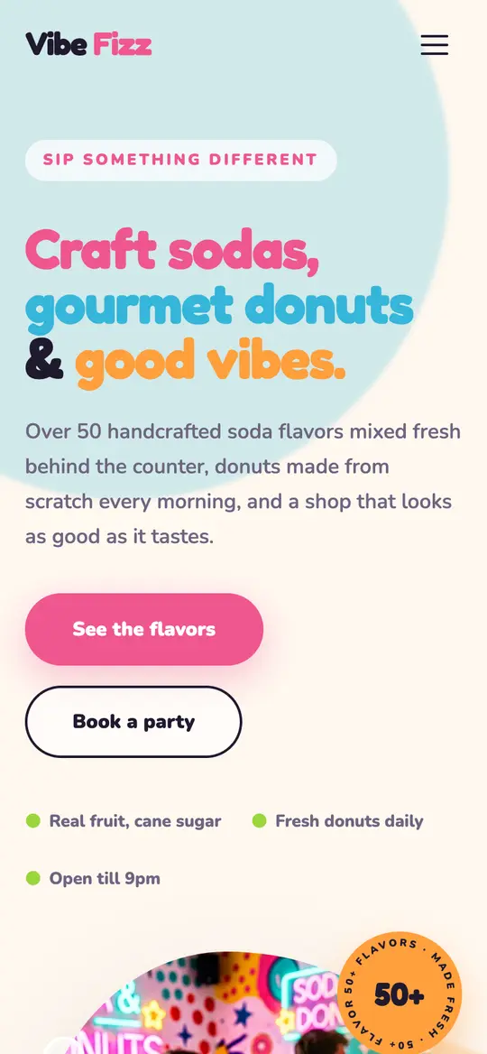Vibe Fizz demo homepage on a phone