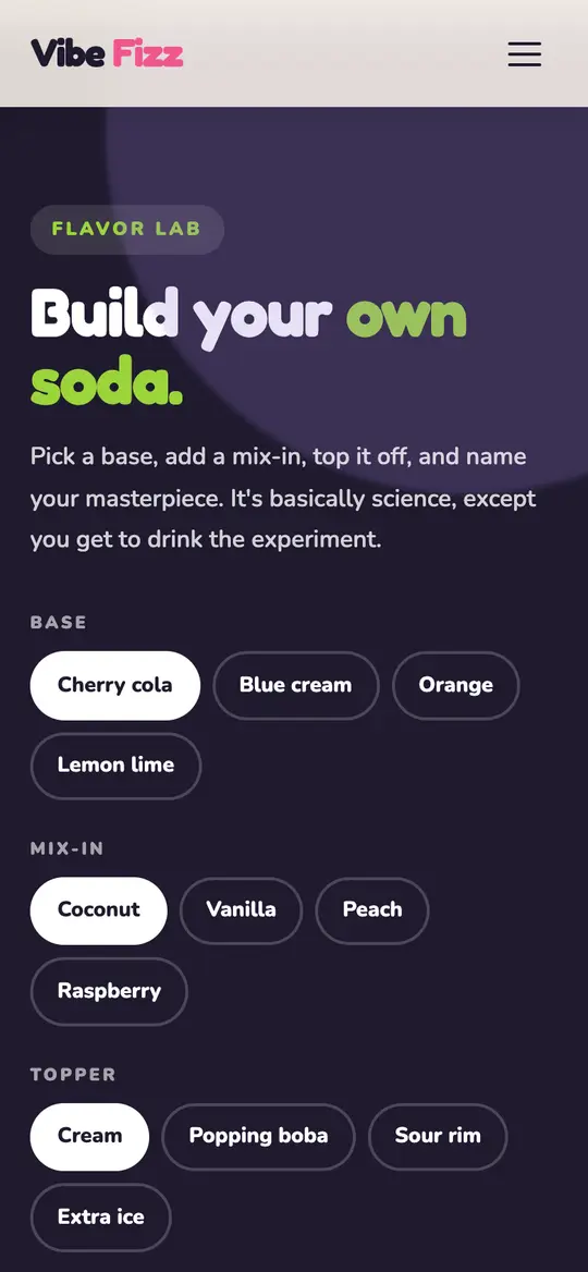 Vibe Fizz demo flavor lab section on a phone