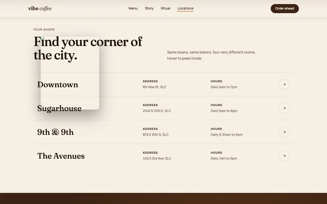 Vibe Coffee demo locations section on a desktop browser