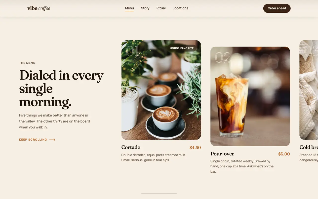 Vibe Coffee demo menu section on a desktop browser