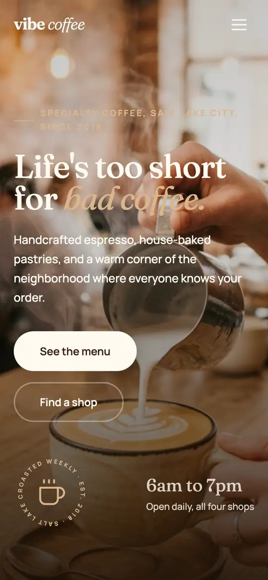 Vibe Coffee demo homepage on a phone