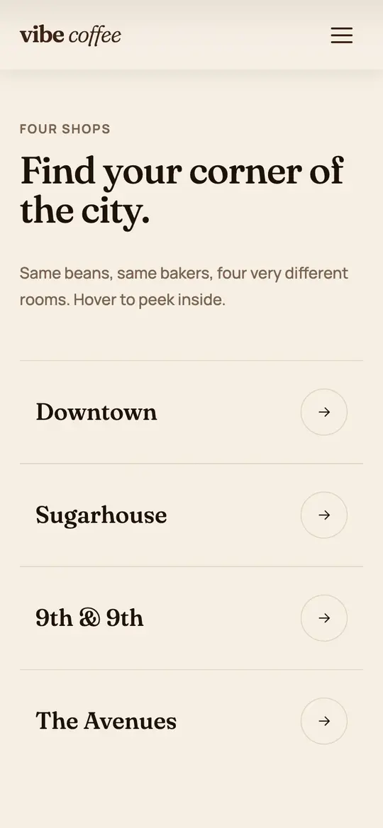 Vibe Coffee demo locations section on a phone