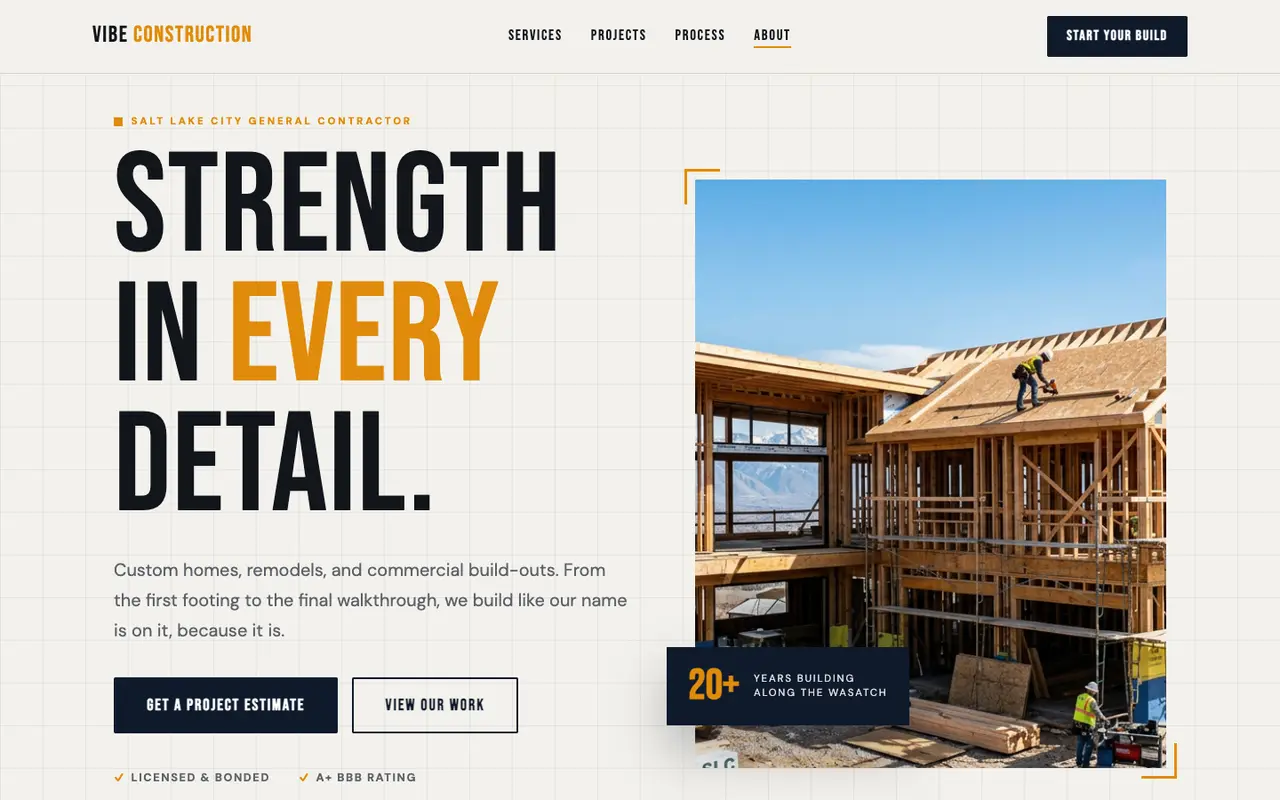 Vibe Construction demo homepage on a desktop browser