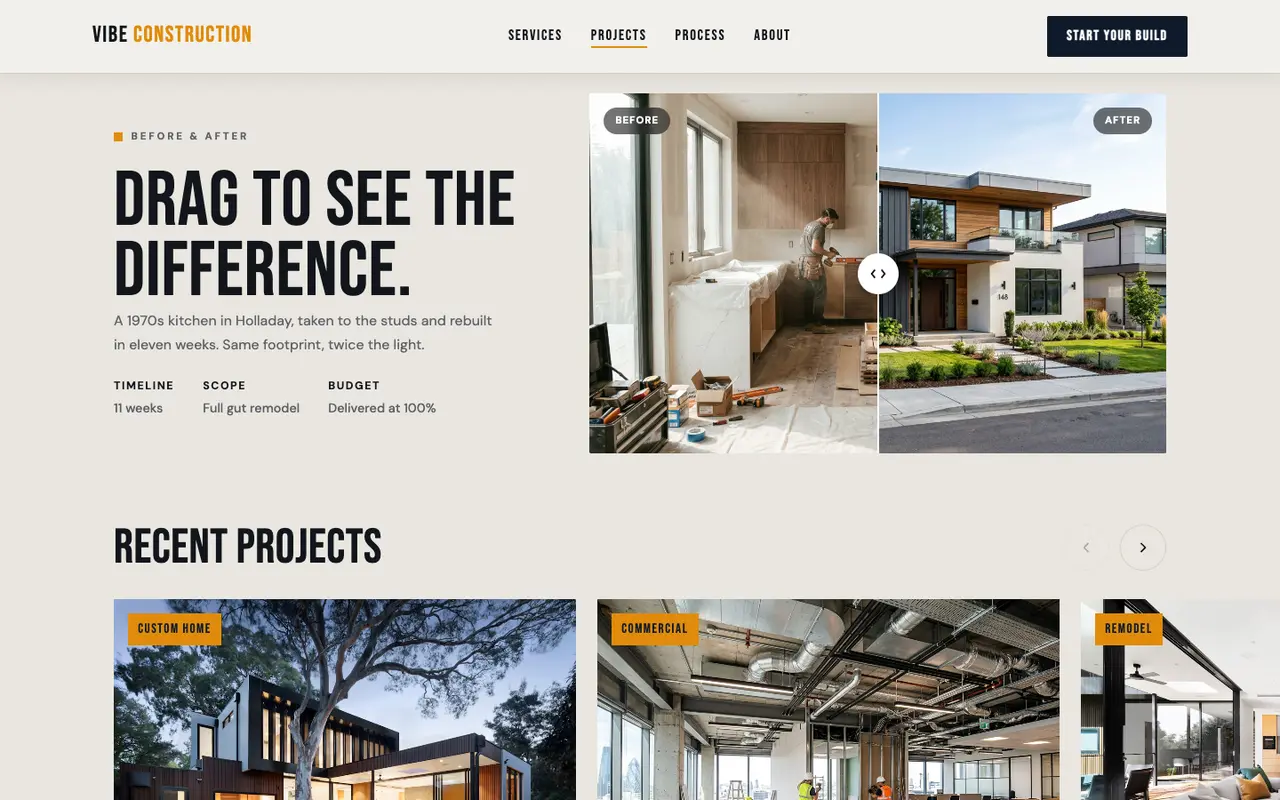 Vibe Construction demo projects section on a desktop browser