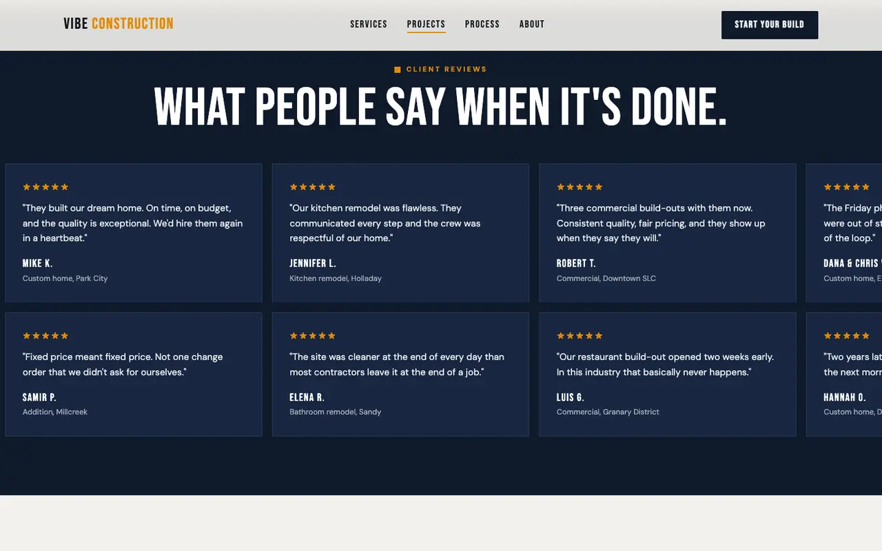 Vibe Construction demo reviews section on a desktop browser