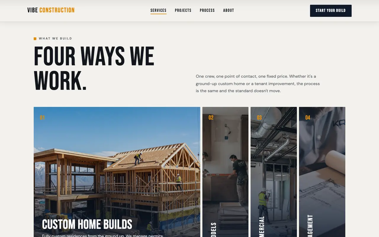 Vibe Construction demo services section on a desktop browser