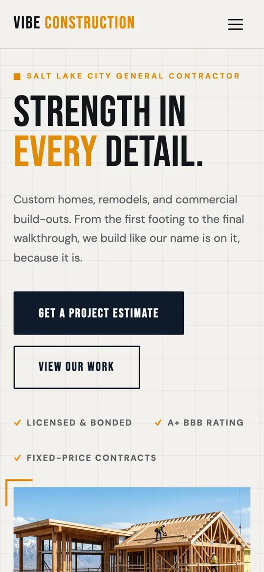 Vibe Construction demo homepage on a phone