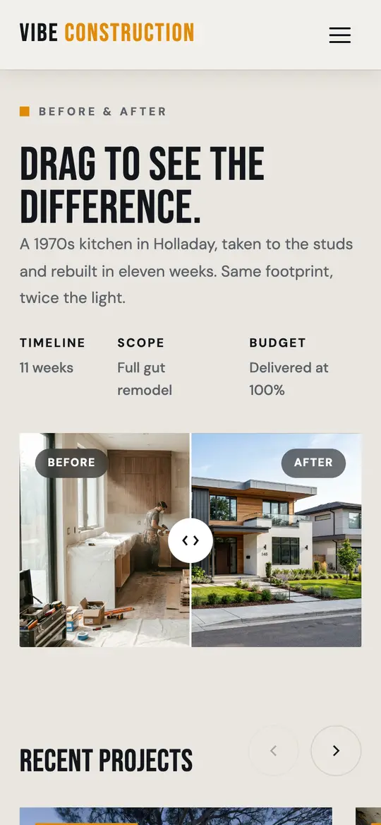 Vibe Construction demo projects section on a phone