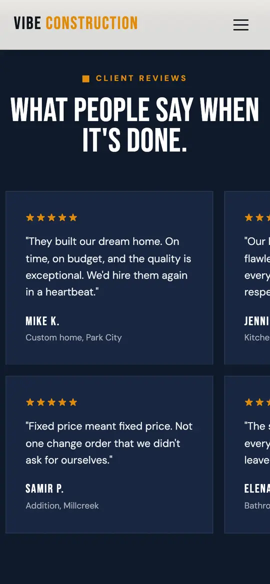 Vibe Construction demo reviews section on a phone