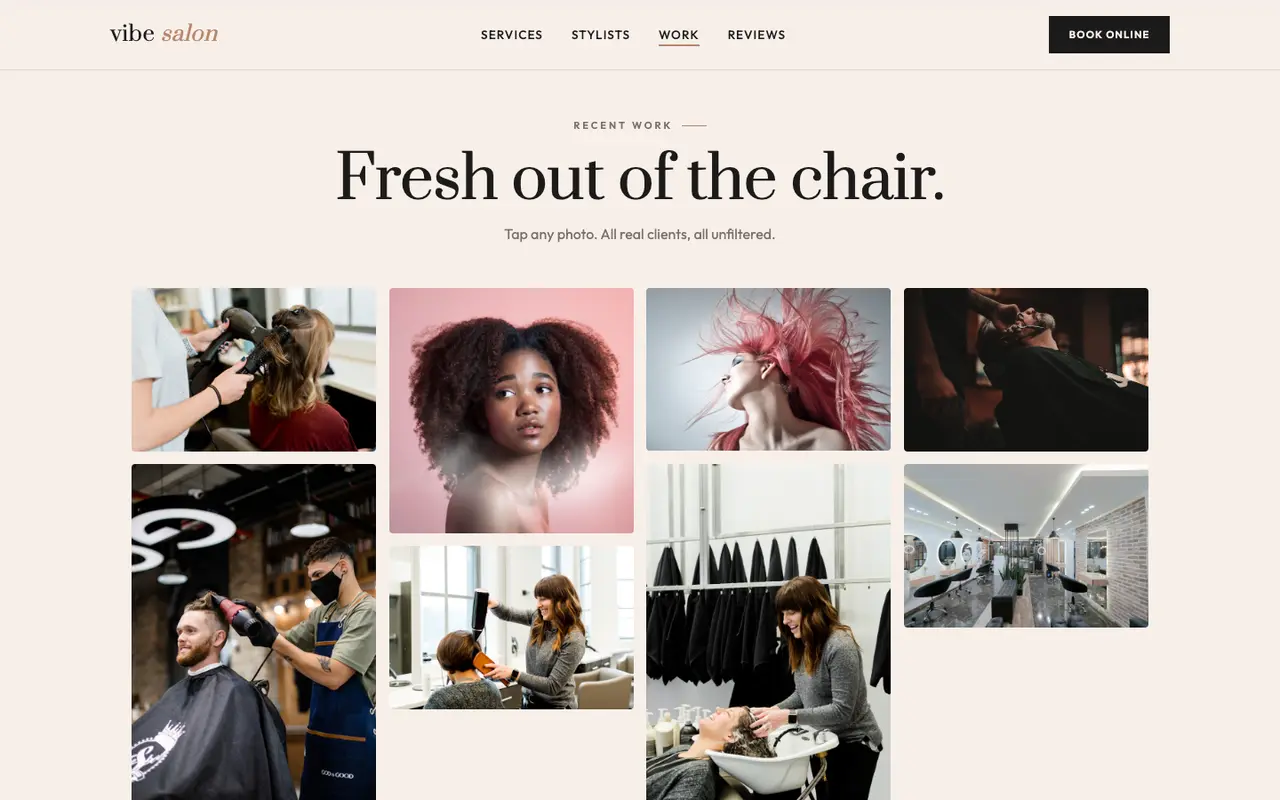 Vibe Salon demo gallery section on a desktop browser