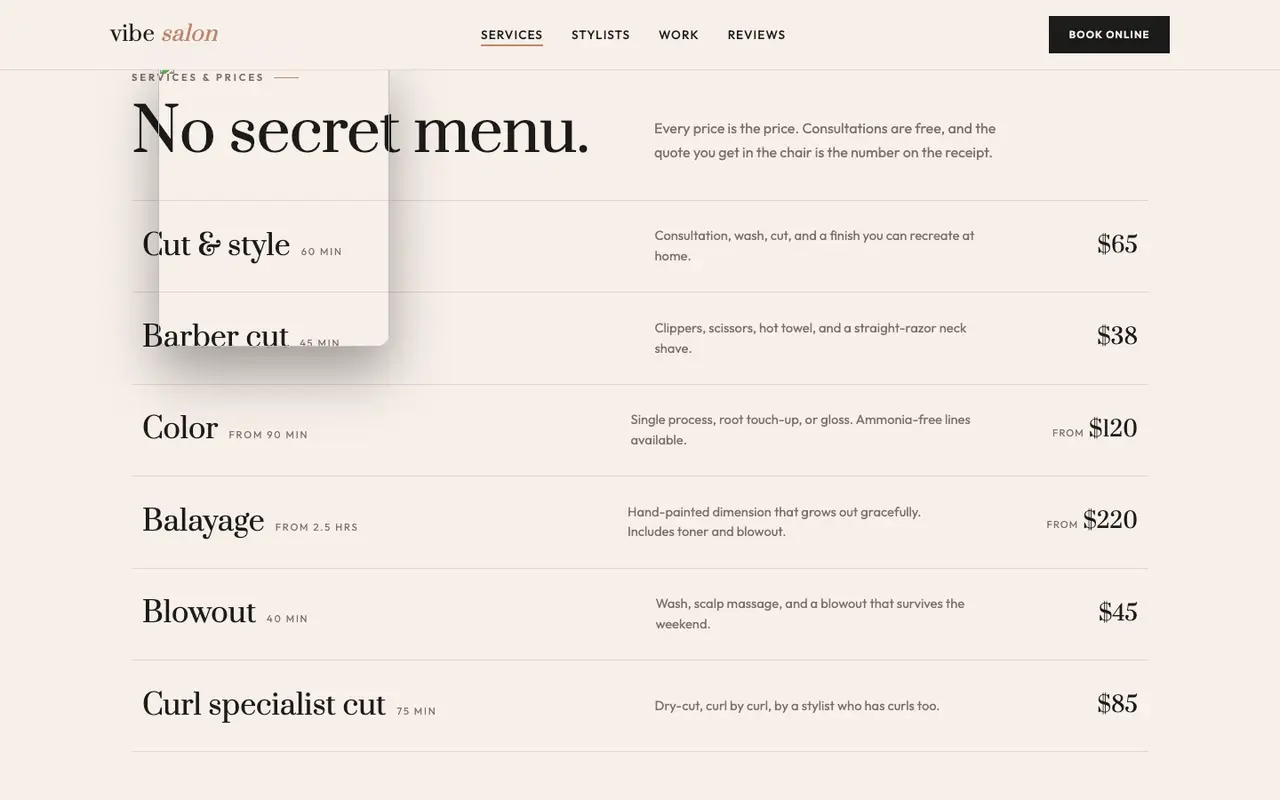 Vibe Salon demo services section on a desktop browser