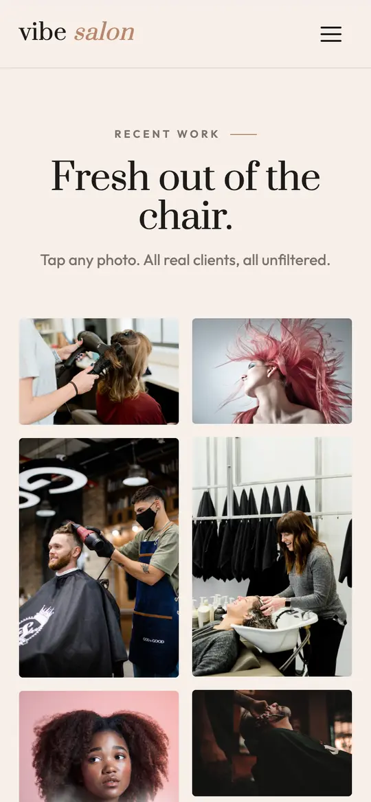 Vibe Salon demo gallery section on a phone
