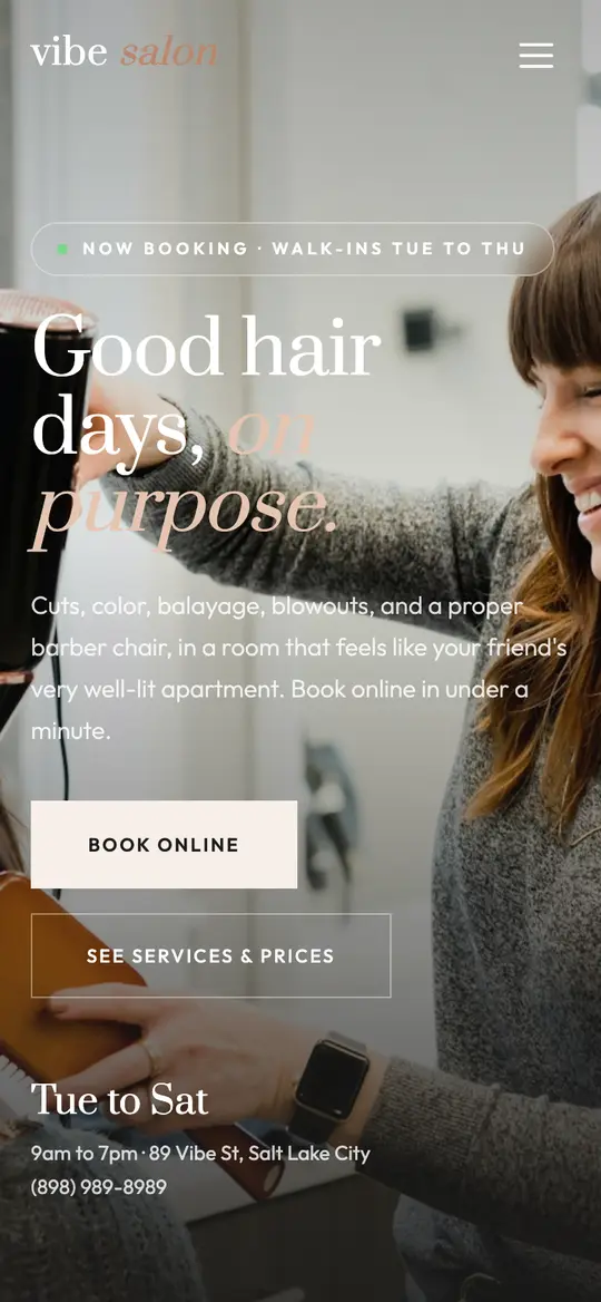Vibe Salon demo homepage on a phone