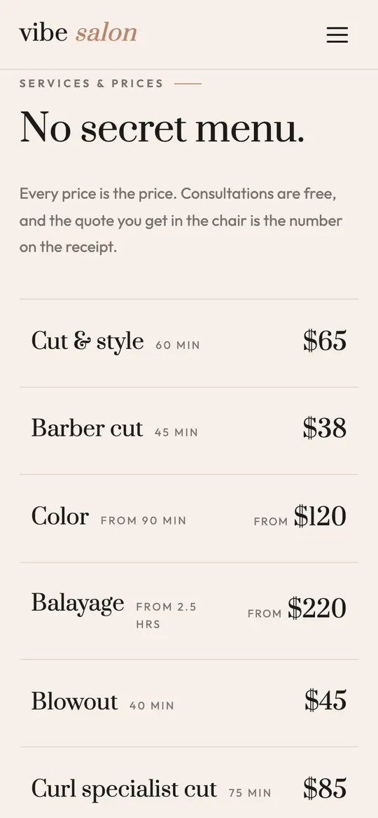 Vibe Salon demo services section on a phone