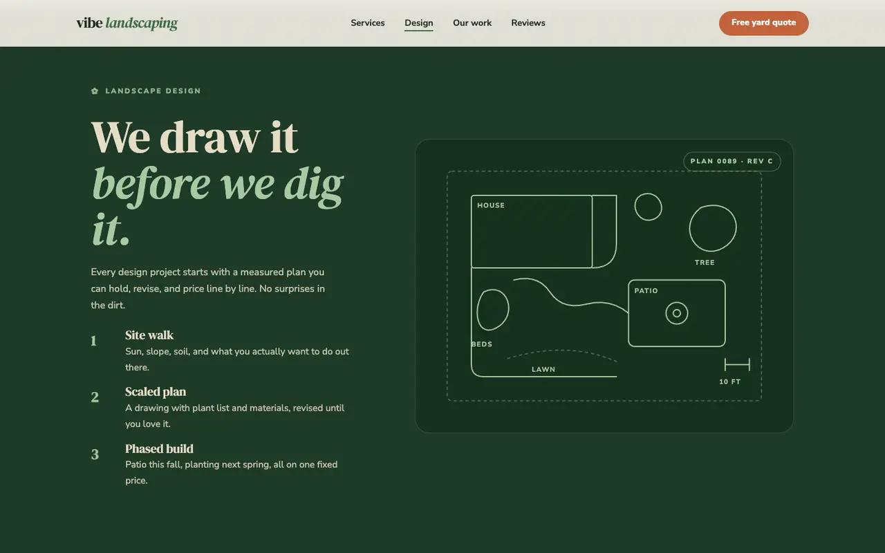 Vibe Landscaping demo design process section on a desktop browser