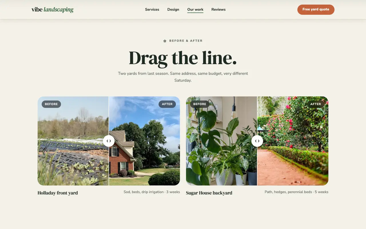 Vibe Landscaping demo recent work section on a desktop browser