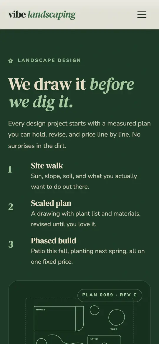 Vibe Landscaping demo design process section on a phone
