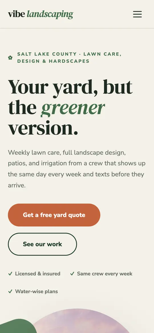 Vibe Landscaping demo homepage on a phone