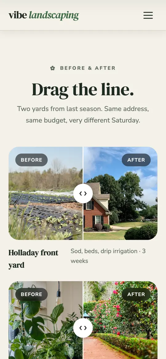 Vibe Landscaping demo recent work section on a phone